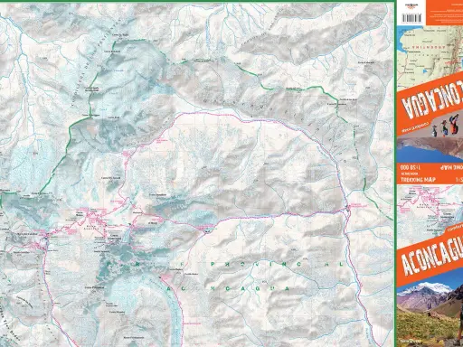 Mapa trekkingowa Aconcagua z zaznaczonymi szlakami i nazwami szczytów. Widok z lotu ptaka na góry.