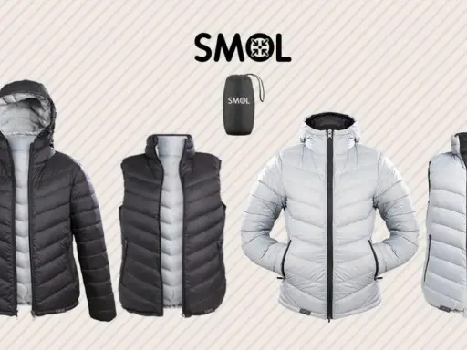 Dwustronne kurtki i kamizelki puchowe SMOL w kolorach czarnym i jasnoszarym.