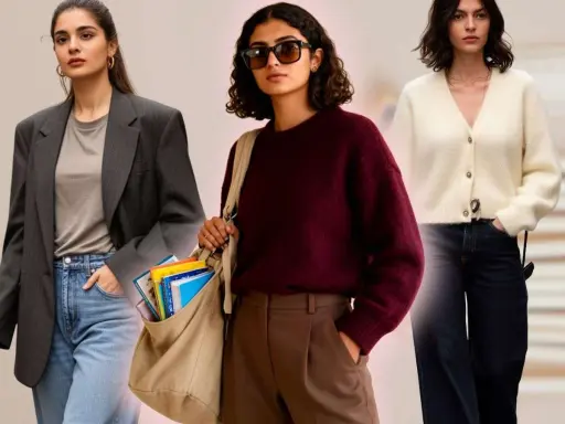 Tre donne mostrano un outfit da insegnante donna: blazer grigio, maglione bordeaux e cardigan bianco, con jeans e pantaloni eleganti.