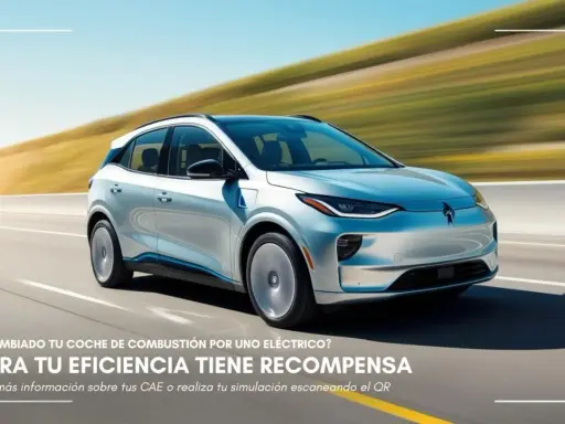 Un elegante automóvil eléctrico plateado se desplaza por una carretera escénica.