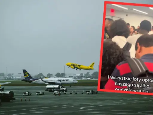 Spirit Airlines, znane jako najgorsze linie lotnicze, na lotnisku. Samoloty na płycie i w powietrzu. W tle tłum pasażerów.