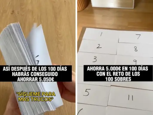 Reto de 100 sobres para saber como ahorrar dinero si gano poco. Muestra un montón de sobres numerados y un bloc de notas.