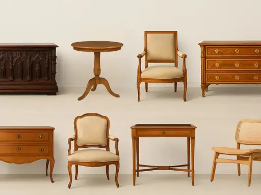 Mobilier d'époque Empire : commode sculptée, table ronde, fauteuils Louis XVI, commode marquetée, table de jeu et chaise cannage.