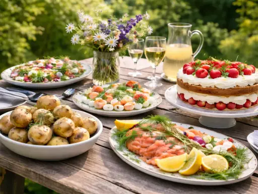 En härlig midsommarmåltid med gravad lax, färskpotatis, räkor, sallad och jordgubbstårta. Detta är vad man har på midsommarbordet.