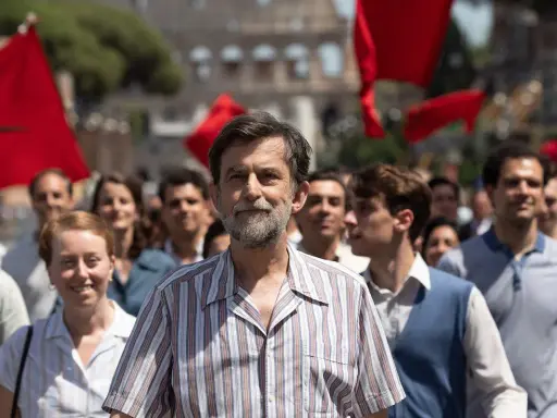 Nanni Moretti cammina in una folla con bandiere rosse, sullo sfondo il Colosseo.
