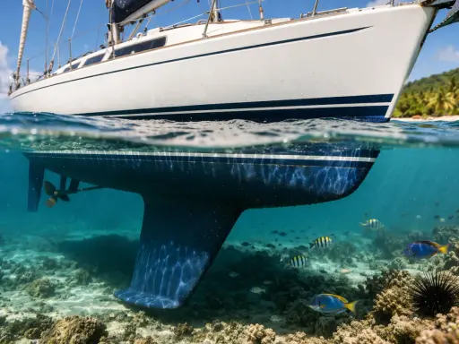 Vue sous-marine d'un voilier de 6m, avec sa quille et son hélice. Le prix antifouling bateau 6m est une préoccupation pour maintenir cette coque propre. Poissons et coraux dans les eaux claires.