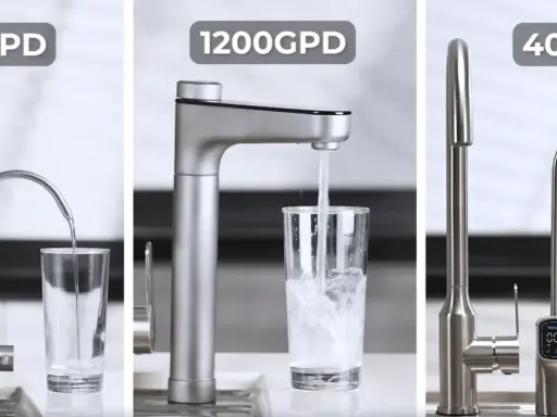Tre kranar visar olika flöden av rena vatten i glas.