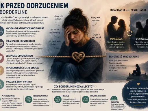Lęk przed odrzuceniem w borderline: wysoka wrażliwość, idealizacja/dewaluacja, impulsywność, poczucie winy. Rady: psychoterapia, regulacja emocji, budowanie relacji, poczucie wartości.