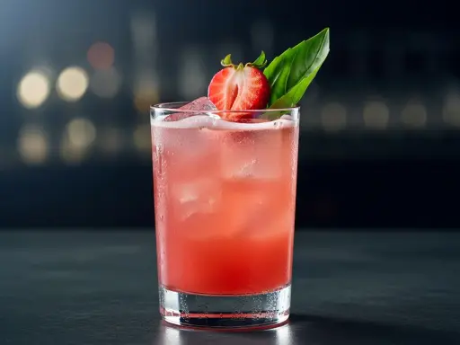 En uppfriskande strawberry basil smash med is, garnerad med en jordgubbsklyfta och basilika.