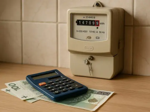 Kalkulator i licznik energii elektrycznej obok banknotów. Obrazek pomaga zrozumieć, jak przeliczyć kw na kwh.