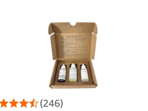 Kit pour analyse dureté de l'eau avec trois flacons de réactifs. Instructions pour le contrôle de la dureté de l'eau.