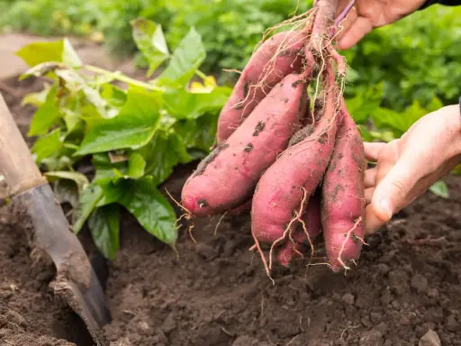 Main fraîchement récoltée, prête à planter des patates douces. Une pelle est visible à gauche, dans la terre.