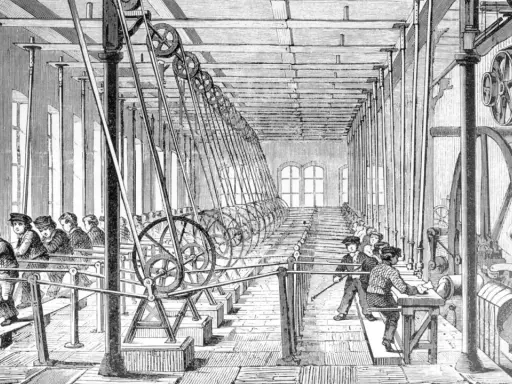 Kinder arbeiten in einer Fabrik, ein Bild der Klassengesellschaft im 19. Jahrhundert. Lange Reihen von Maschinen und Kindern, die schuften.