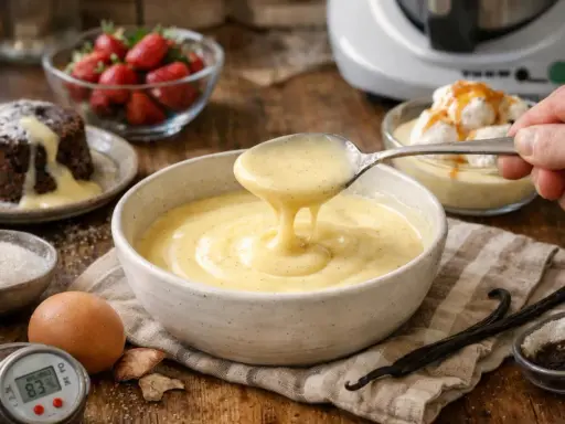 Une cuillère de sauce à la vanille onctueuse, parfaite pour une recette sauce creme. Des fraises, un gâteau au chocolat et des ingrédients de pâtisserie sont disposés autour.