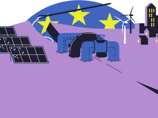 Europäische Union: Solarpanels, Windräder und ein Rohrleitungssystem symbolisieren die aktuelle Stromerzeugung in Europa.