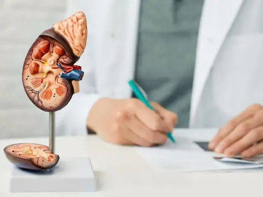 Model nerki z widocznym przekrojem, obok lekarz notuje diagnozę, być może dotyczącą torbieli korowej.