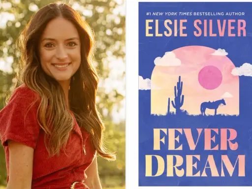 Elsie Silver, autrice bestseller, sorride con i capelli mossi. Accanto, la copertina del suo libro "Fever Dream" con un paesaggio desertico.