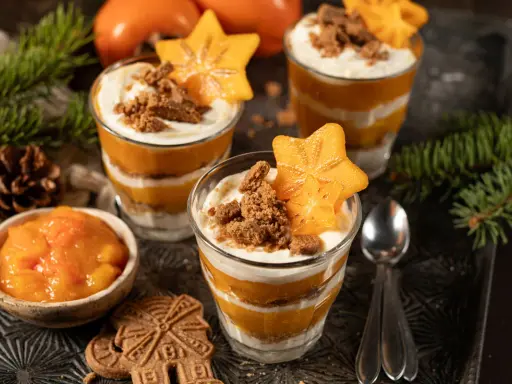 Schichtdessert mit Kaki, Sahne und Keksbröseln, garniert mit Sternfrucht. Ein festliches Kaki-Dessert.
