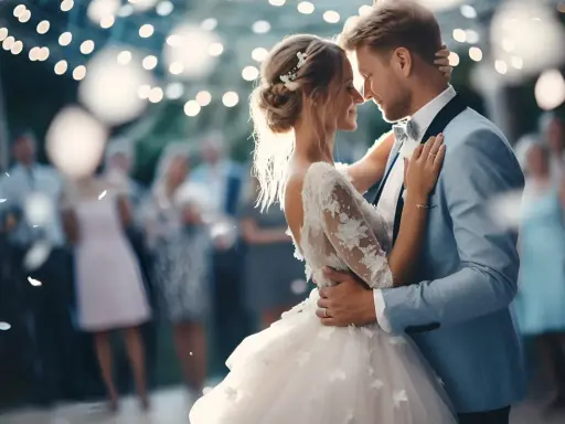 Para młoda tańczy przy świetle lampek. Zastanawiasz się, co zaśpiewać na weselu dla pary młodej?