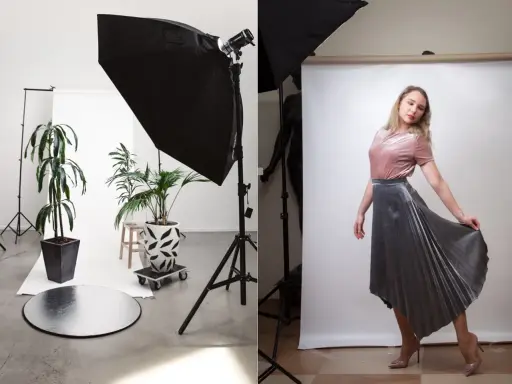 Przygotowania do sesji w domowym studio: oświetlenie, rośliny i modelka w srebrnej spódnicy.