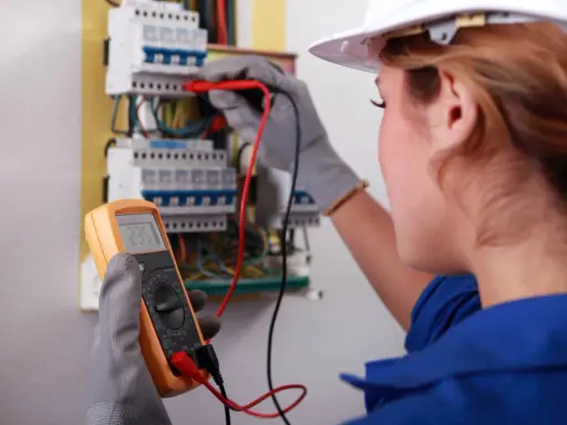 Elektryk w białym kasku przeprowadza przegląd instalacji elektrycznej, mierząc napięcie multimetrem.