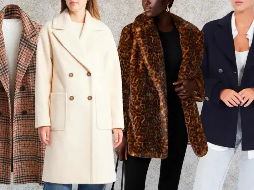 Four women model different peacoat styles: plaid, cream wool, leopard print faux fur, and navy blue.