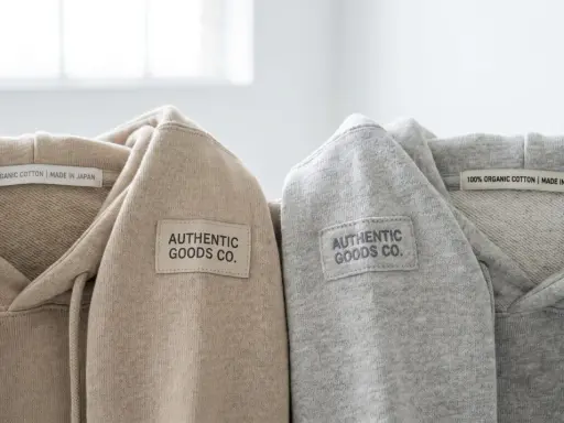 Dwa bluzy z kapturem, beżowa i szara, z naszywką "AUTHENTIC GOODS CO." i metką "100% ORGANIC COTTON | MADE IN JAPAN". Oryginalna metka Champion.