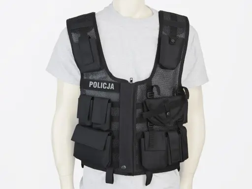 Czarna kamizelka taktyczna z napisem POLICJA, pełna kieszeni i przegródek, gotowa na każde zadanie.