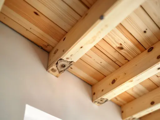 Structure en bois clair, avec des poutres et des planches. On aperçoit un champignon bois extérieur sur une poutre, signe d'une construction ancienne.