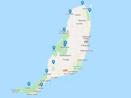 Mapa Fuerteventury z zaznaczonymi punktami: Corralejo, El Cotillo, Ajuy, Betancuria, Cofete, Morro Jable. Zobacz, co warto zobaczyć na wyspie!