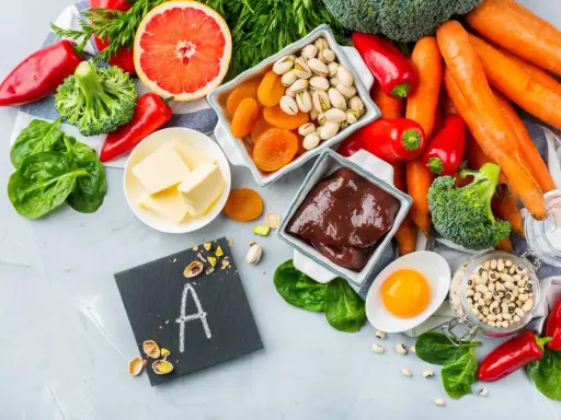 Wykaz produktów bogatych w witaminę A: wątróbka, marchew, szpinak, papryka, jajko, masło, morele, pistacje, fasola.