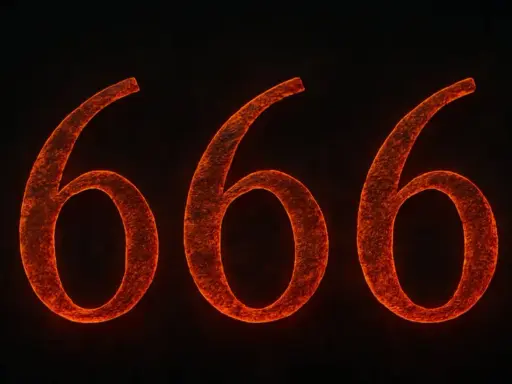 Trzy płonące cyfry 666, symbolizujące tajemnicze znaczenie liczby 666.