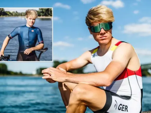 Jason Osborne, ein deutscher Triathlet, sitzt am Wasser. Ein kleineres Bild zeigt ihn mit seinem Rennrad.