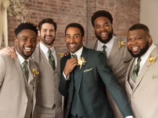 Groomsmen in light tan suits and one in a dark green suit, all smiling. They are dressed for a wedding, showing when grooms get suits.