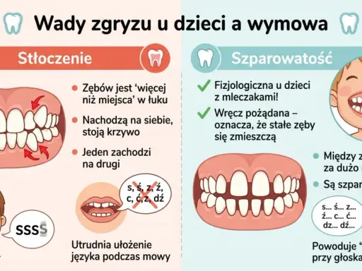 Stłoczenie zębów i szparowatość mogą leczyć wady wymowy. Ilustracja pokazuje problemy z zębami i ich wpływ na mowę.