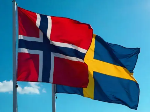Flaga Norwegii i Szwecji powiewają na tle błękitnego nieba.