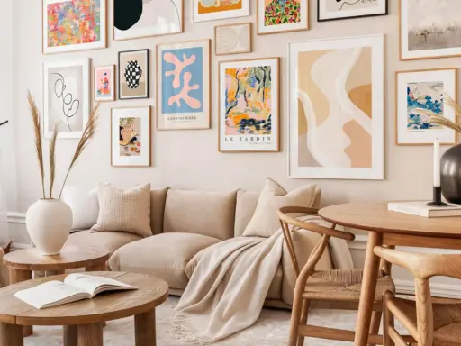 Un salón moderno con un sofá beige y una colección de cuadros para encima del sofá, llenos de color y formas abstractas.