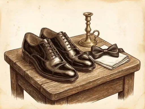 A pair of polished black cap-toe oxfords, the perfect shoes to wear with a tuxedo, sit on a wooden table next to a bowtie, handkerchief, and candlestick.