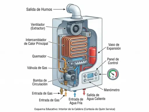 Diagrama de una caldera mostrando sus componentes internos. Se ve el intercambiador de calor, quemador y ventilador. ¡Ojalá la caldera haga ruido de agua pronto!