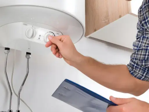 Técnico ajusta el control de temperatura de un termo eléctrico que no enciende.