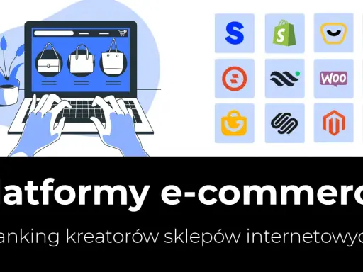 Grafika przedstawia laptop z wyświetlonymi produktami i ikonami popularnych platform sklepów internetowych, takich jak Shopify, WooCommerce, Wix i inne.