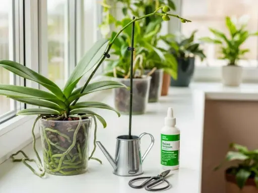 Orchidée en pot transparent avec racines aériennes, arrosoir miniature, ciseaux et engrais. Guide pour savoir comment faire refleurir une orchidée.
