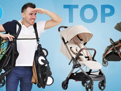Mężczyzna prezentuje kilka modeli wózków spacerowych, w tym jeden z tropikalnym wzorem. Szukasz taniego wózka spacerowego? Oto TOP 5!