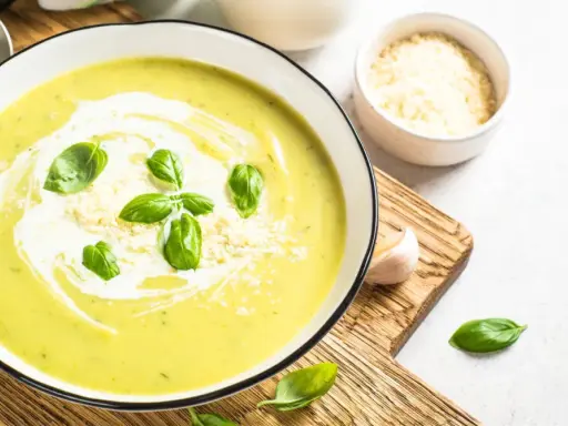 Aksamitny zupa krem z cukinii, udekorowana listkami bazylii i startym parmezanem, podana z czosnkiem i łyżką.