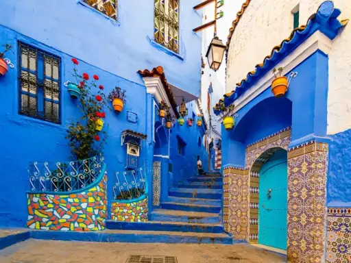 Maroko gdzie na wakacje? Urokliwa, niebieska uliczka w Chefchaouen z kolorowymi doniczkami i mozaikami zaprasza do odkrywania.