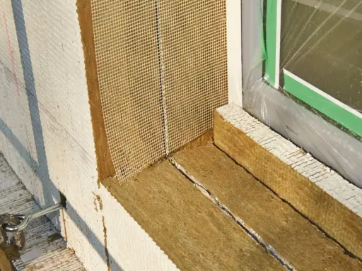 Fensterlaibung wird mit Steinwolle gedämmt. Das Material wird sorgfältig zugeschnitten und mit Armierungsgewebe versehen, um es vor dem Kleben vorzubereiten.