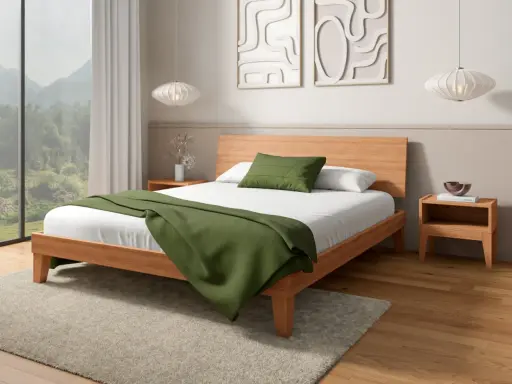Acogedora habitación de 9m2 con cama de madera, manta verde y vistas a la montaña.