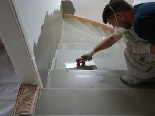 Un ouvrier, masqué et ganté, applique un enduit sur les marches d'un escalier en cours de restauration.
