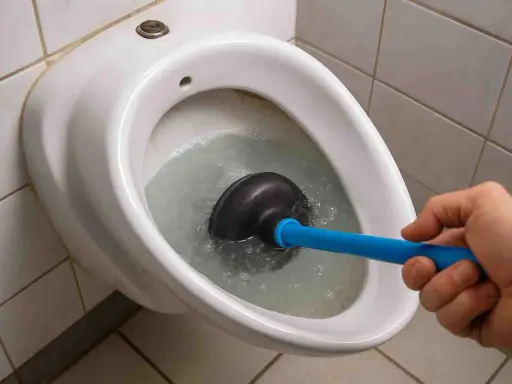 Hand uses a plunger to clear a toilet bowl, tackling stubborn Urinstein im Rohr entfernen.