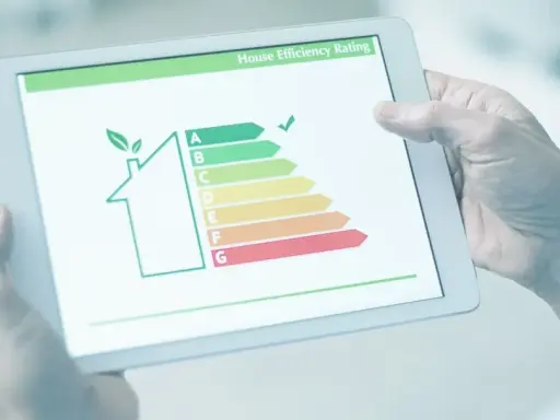 Persona revisa en tablet la validez del certificado energético de una casa, mostrando una escala de eficiencia.